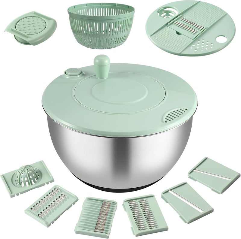 dulvus Salad Spinner Stainless Steel, 5.3-Quart Lettuce Washer Spinner for 2–3 Servings, Large Vegetable&Fruit Wash Bowl with Strainer, Includes 5-Blade Slicer — Perfect Salad Making Tool for Healthy Eaters - Image 1